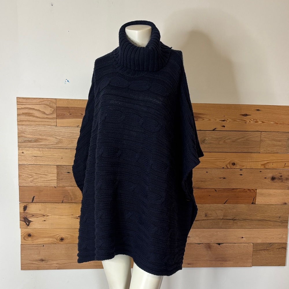 Turtleneck Cable Knit Poncho Sweater - Black